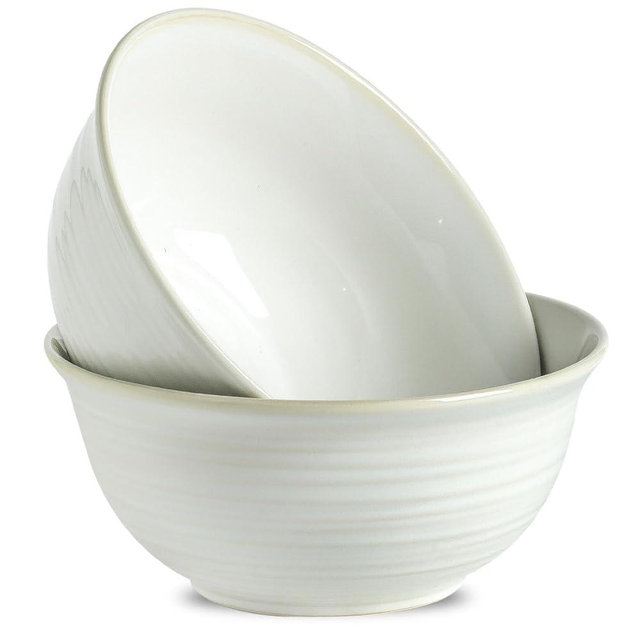 Hasense Serving Bowls, 9 Inch Ceramic Salad Bowls for Kitchen, 84 Ounce Mixing Bowl for Soup Pho Pasta Popcorn, Dishwasher & Microwave Safe, Set of 2(Clay-Infused White)