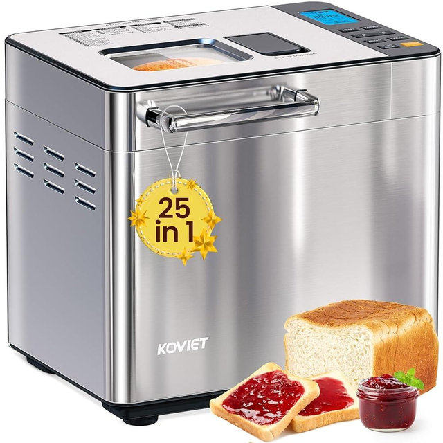 KOVIET 25-in-1 Bread Maker Machine with Automatic Dual Dispenser, 2LB Stainless Steel Breadmaker with Gluten-Free, Dough, Jam, Yogurt etc Settings, Silver