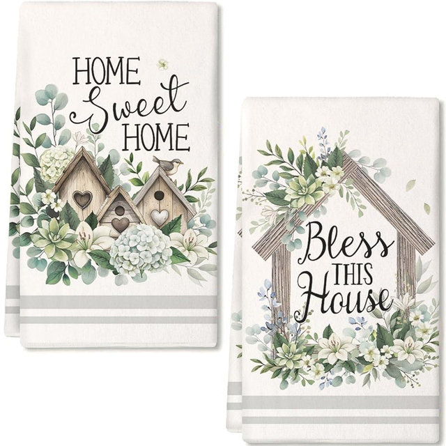 GEEORY Eucalyptus Leaves Spring Kitchen Towels Set of 2,18x26 Inches Bless This House Dish Cloths -White Flowers Farmhouse Design,Summer Holiday Hand Towels for Spring Decor & Gifting