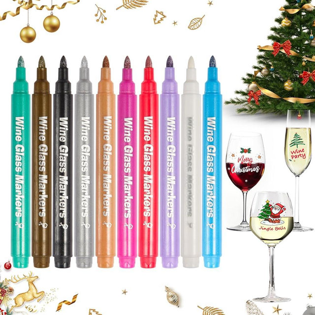 Adanluxe Metallic Wine Glass Markers, 10PCS Food Grade Non-Toxic Window Markers for Glass Washable, Premium Paint Pens Used on Car Window, Mirror, Ceramic, Black Scrapbook, Rock and Wood, Christmas