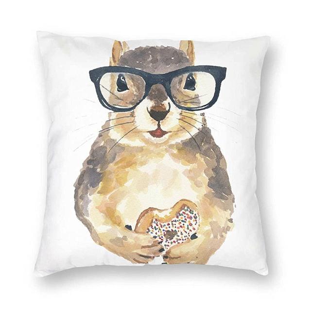 Nerdy Squirrel with Glass and Dessert.Png Throw Pillow Case Square Cushion Case Home Decor for Sofa Bedroom Livingroom 18" x 18" inch Pillowcase