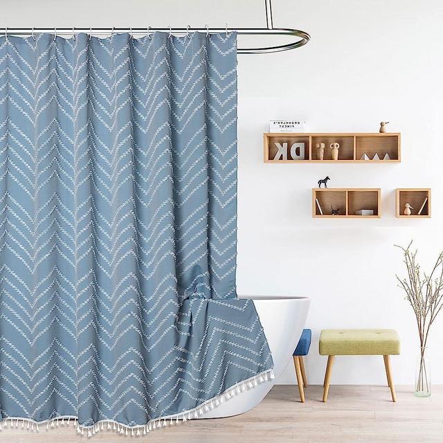 Blue Boho Shower Curtain with White Tassle Woven Fabric Shower Curtain Modern Farmhouse Textured Tufted Chevron Striped Minimalist Bathroom Shower Curtain, 72"L x 72"W