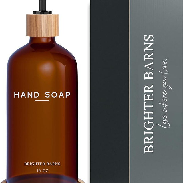 Amber Glass Hand Soap Dispenser Bathroom Set by Brighter Barns - Hand Soap Dispenser for Kitchen Sink & Bathroom - Bamboo Glass Bottle with Tray - Modern Home Decor for Spa, RV, Fitness Center (Amber)
