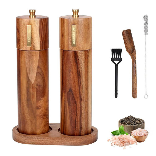 Foyucool Wooden Salt and Pepper Grinder Set, 8 inch Manual Salt and Pepper Mill with Brush and Spoon, Adjustable Coarseness, Refillable Pepper Grinder for Kitchen, Brown