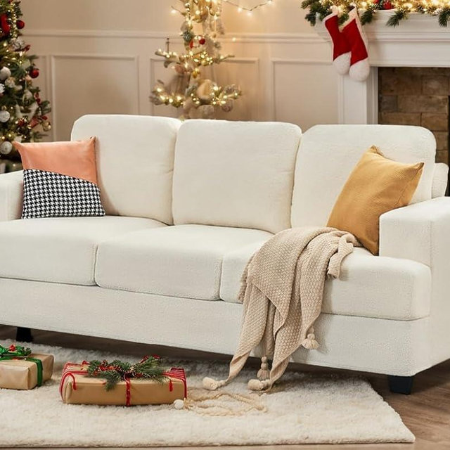 AMERLIFE Sofa, 89 inch Comfy Sofa Couch with Extra Deep Seats, Modern Sofa- 3 Seater Sofa, Couch for Living Room Apartment Lounge, Offwhite Bouclé