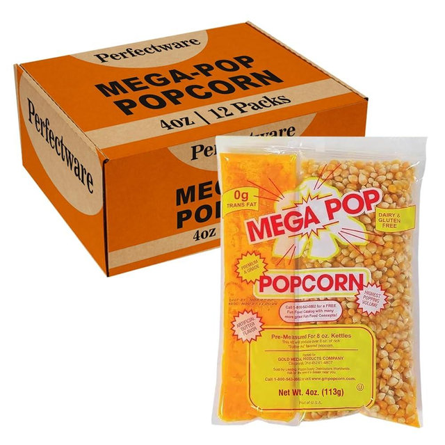 Perfectware All in One Popcorn Portion Packets with Kernels, Salt, and Coconut Oil for Popping Machine, 4 oz, 12 Count