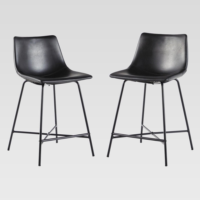 Saracina Home Upholstered Counter Height Barstool Set Black: Faux Leather, Steel Legs, Armless