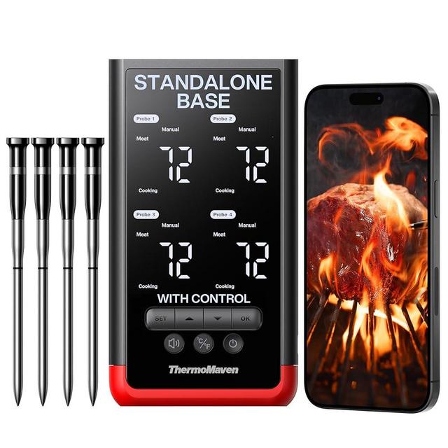 ThermoMaven 4-Probe Wireless Bluetooth Smart Meat Thermometer: Standalone Base, WiFi Unlimited Range, 6 Sensors with NIST Certified Accuracy, for Kitchen, BBQ, Grill, Oven, Smoker, Rotisserie