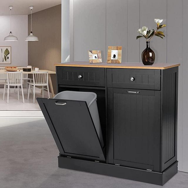Anbuy Double Kitchen Trash Cabinets Dual Tilt Out Trash Cabinet with Two Wood Hideaway Trash Holder Drawers, Free Standing Recycling Cabinet Trash Can Holder (Dual Black)
