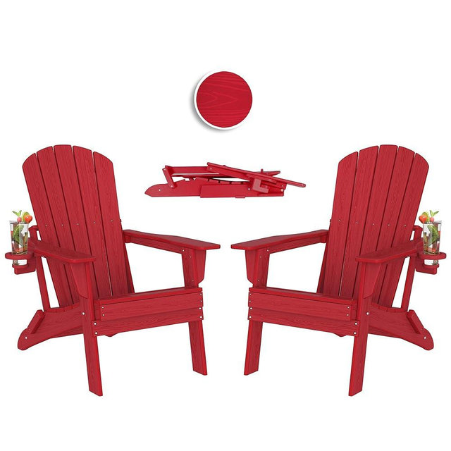 Plawdlik Folding Adirondack Chair Set of 2,Cup Holder,Wooden Textured,Heavy All-Weather HDPE Outdoor Chairs, Poolside Backyard Lawn,Red