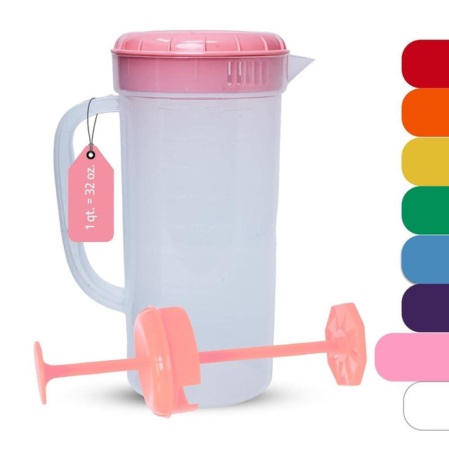 JBK Pottery 1 Quart Plastic Mixing Pitcher with Mixing Lid, BPA Free, Shatterproof Beverage Jug for Iced Tea, Lemonade, Juices, Milk – Leak-Proof, Easy Stirring, Dishwasher Safe | Pink