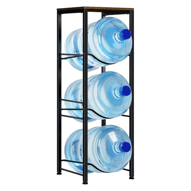MOOACE 3-Tier Water Jug Rack, 5 Gallon Water Bottle Holder Organizer with Storage Shelves, Rustic Brown