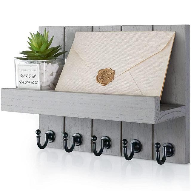 Decorative Key and Mail Holder for Wall - Rustic Key Hooks with Floating Shelves Mail Organizer for House Apartment Entryway Decor - Premium Key Hanger by Rebee Vision, Light Gray