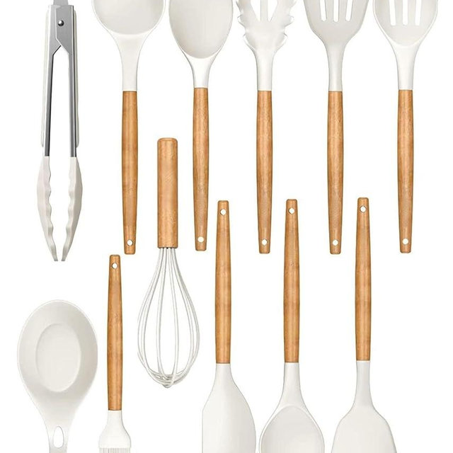 14-Piece Silicone Cooking Utensil Set with Wooden Handles & Storage Holder – Heat-Resistant, Non-Stick Safe, Oven Safe – White