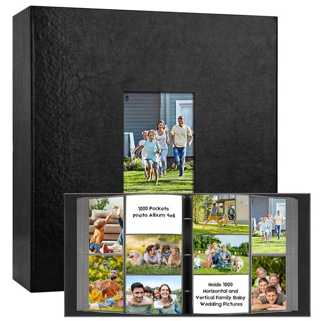 1000 Pocket Photo Album 4x6 Leather Cover, Extra Large Capacity Holds 1000 Horizontal and Vertical Photos, Acid Free Non Stick Pages with Front Window, Perfect for Wedding Family Baby Memories (Black)