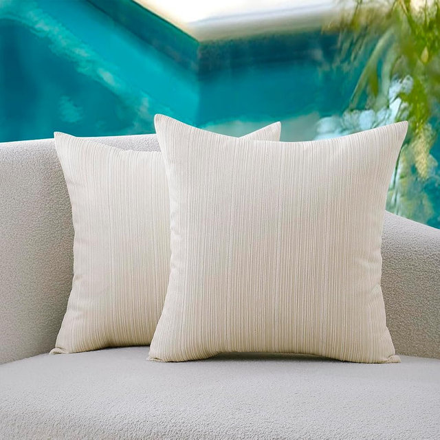 VAKADO Outdoor Chenille Pillow Covers 18x18 Set of 2,Waterproof UV Fade Resistant Stripe Patio Pillow Cushion Covers for Furniture Decorative Porch Couch Throw Pillow Cases for Garden Cream White