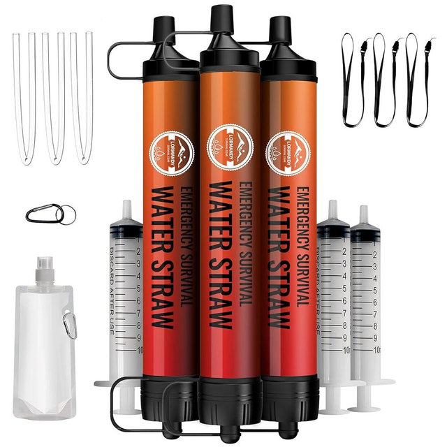 Lormandy Emergency Water Filter Straw, Personal Survival Water Filtration System, Water Purifier, Outdoor Survival Gear and Equipment for Hiking Camping Accessories Cycling Fishing Preparedness (3PCS)