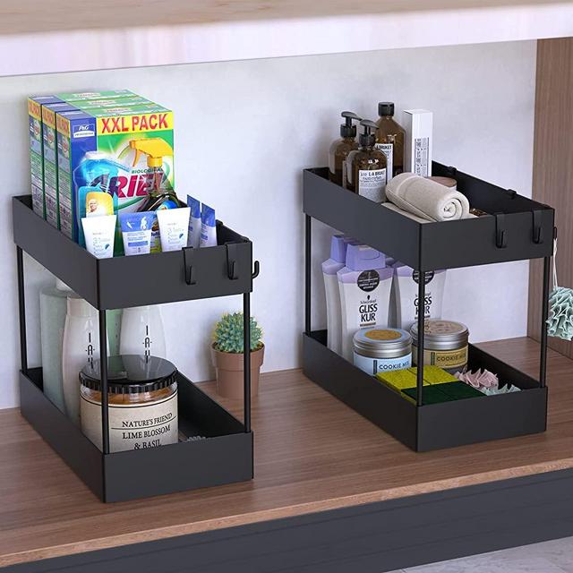 Under Sink Organizer, 2 Pack Under Bathroom Sink Cabinet Organizers and Storage, 2 Tier Bathroom Kitchen Countertop Organizer Rack, Multi-purpose Bath Collection Baskets for Bathroom Kitchen, Black