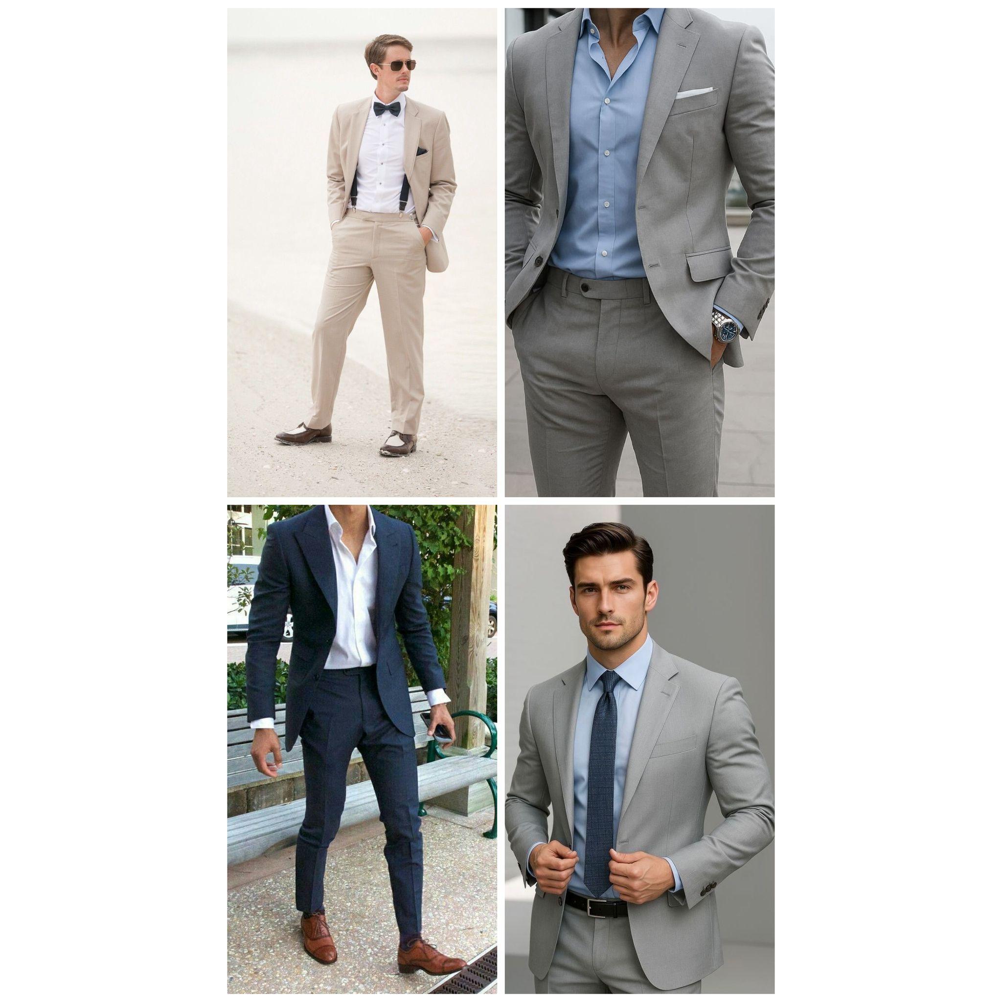 Examples of suggestions for men's attire. For more details, see the FAQ section. Ejemplos de trajes sugeridos para hombres. Para más detalles, dirígete a la sección de especificaciones.
