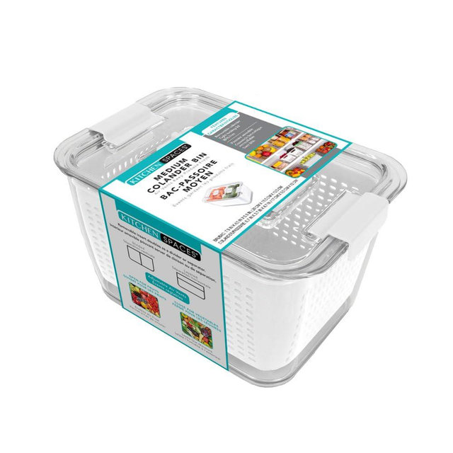 Kitchen Spaces Colander Bin, Produce Saver, Fridge Organizer With Lid, Wash, Strain and Store, Great for Refrigerator, Freezer and Pantry, Medium, White, Pack of 1