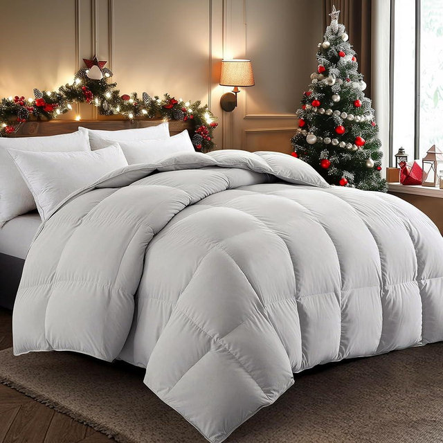 puredown® Feather Comforter King Size, All Season Duvet Insert, Hotel Collection Medium Warm Quilted Bed Comforter with Corner Tabs(Light Grey)