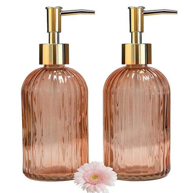 Glass Soap Dispenser with Gold Plastic Pump, 13.5oz Refillable Liquid Hand Soap Dispenser, 2 Pack Crystal Lotion Bottle for Modern Home Decor, Bathroom, Kitchen Countertop, Hotel(Orange)