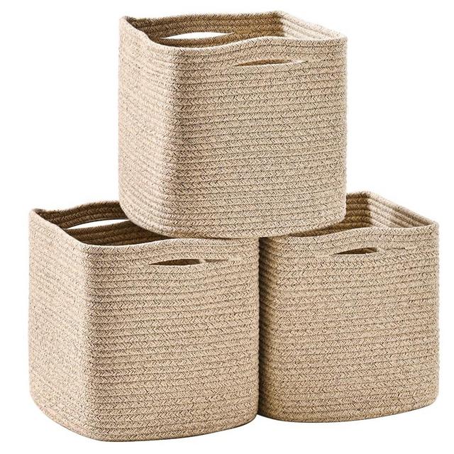 ICERZCZ 11 Inch Cube Storage Bins, Storage Cube Organizer Bins, Woven Cotton Rope Baskets for Storage, Storage Baskets for Organizing Shelves, Square Cube Baskets for Toys Nursery, Brown (Pack of 3)