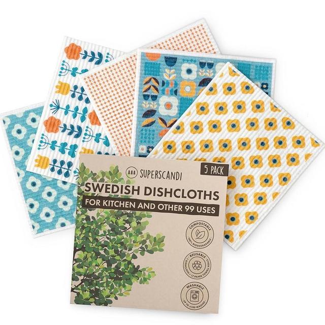 SUPERSCANDI 5 Pack Swedish Dishcloths for Kitchen, Reusable Paper Towels Washable, Swedish Dish Cloths for Washing Dishes, Durable and Absorbent Cleaning Cloths, Kitchen Paper Towels, Scandi Design