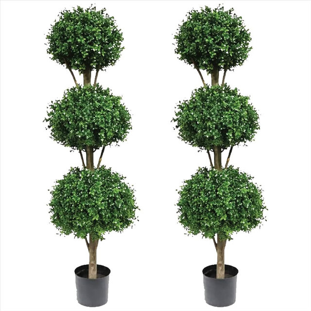 Two 66 Inch Artificial Boxwood Triple Ball Topiary Trees Potted UV Rated 5 and a Half Foot Tall