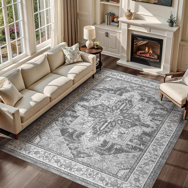 WITSHOCK Living Room Area Rugs 6x9: Washable Rug Boho Soft Non-Slip Low Pile Stain Resistant Foldable Carpet for Bedroom Playroom Dining Room Office Kitchen Farmhouse Home Decor Rug-Gray