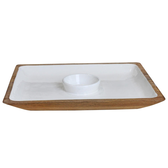 Auldhome Design-Enamel and Wood Chip and Dip Tray, White
