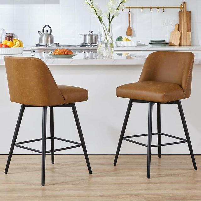 Coolazy 360°Swivel Counter Height Bar Stools Set of 2,Upholstered Morden Kitchen Barstools with High Backs,26" H Seat Height,Faux Leather (Faux Leather-Saddle Brown , 2 Pieces - 26" Counter Height)