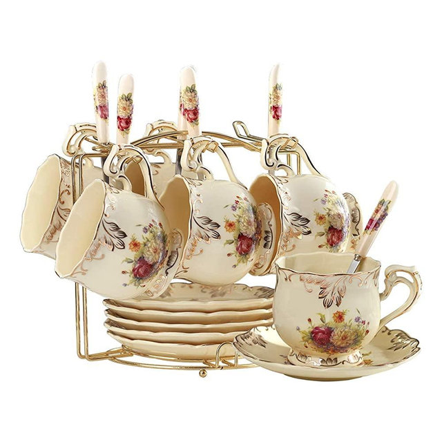 YOLIFE Flowering Shrubs Tea Cups and Saucers Set, Ivory Ceramic Tea Cups Set, Pack of 6 with Golden Metal Rack