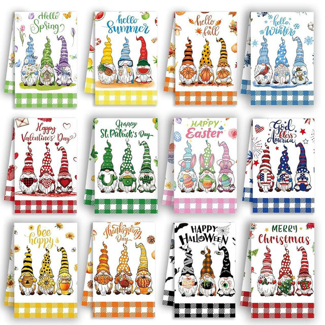 MALEBAZI Gnomes Seasonal Kitchen Hand Towels Set of 12, Cute Kitchen Towels Gnome Holiday Dish Towels for Kitchen, Spring Summer Fall Winter Absorbent Dishcloths Decorative Wash Cloths 21.3x14.2 Inch