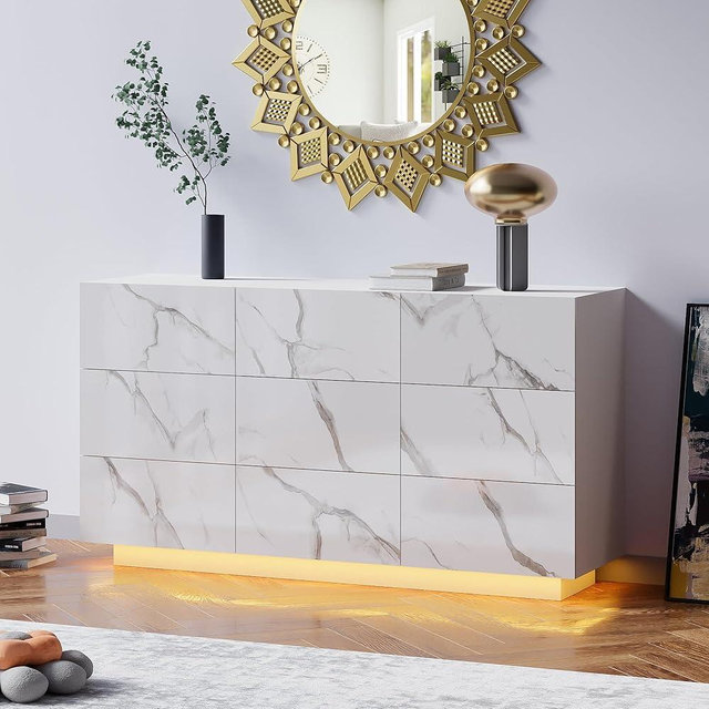 Anbuy White Marble LED 9 Drawer Double Dresser, Dressers with High Gloss Drawers Dual Chest of Drawers Faux Marble Modern Dresser for Bedroom (White Marble)