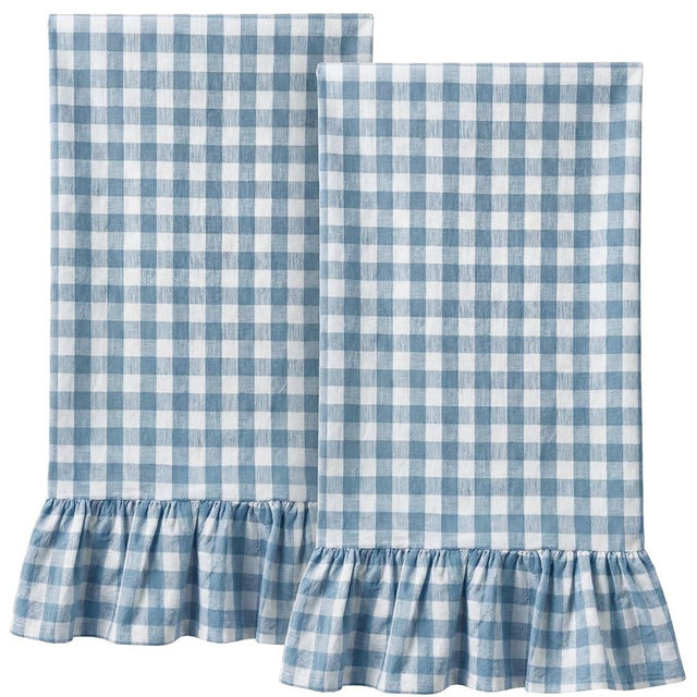 HunnmingRe Kitchen Towels Set of 2, 100% Cotton Ruffled Gingham Dish Towels 18"x28" Absorbent Tea Cloths Classic Plaid Pattern for Farmhouse Charm, Drying Dishes, Entertaining Guests(Blue)