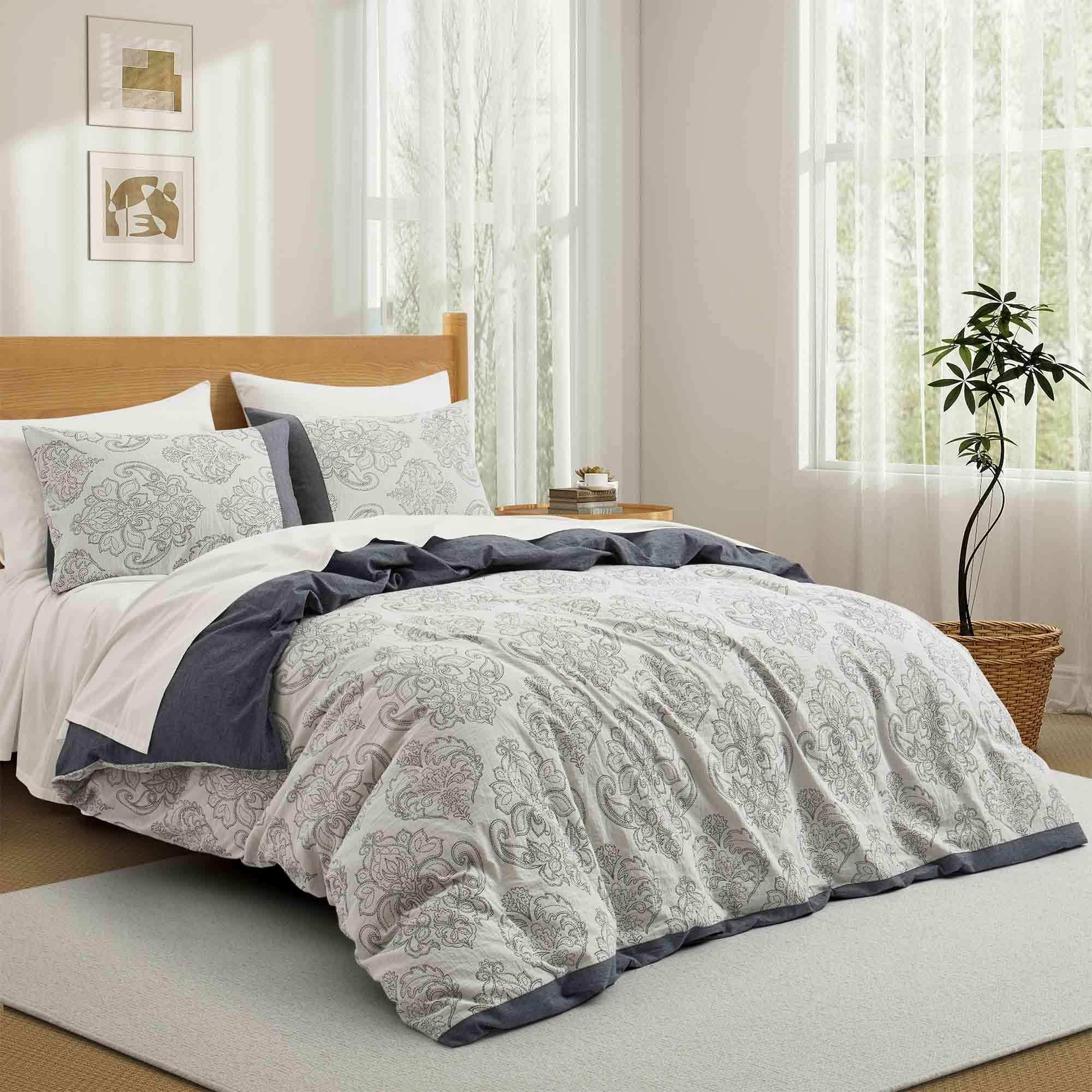 Organic Cotton Duvet Cover Set - King Size, in Damask Pattern-Dark Grey