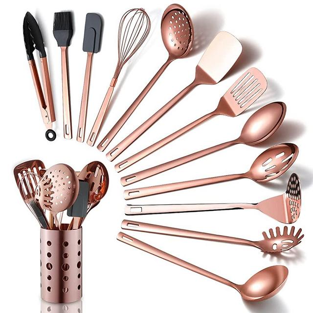Copper Kitchen Utensils Set,13 Pieces Stainless Steel Cooking Utensils Set With Titanium Rose Gold Plating,Kitchen Tools Set With Utensil Holder For Non-Stick Cookware Dishwasher Safe (13 Packs)