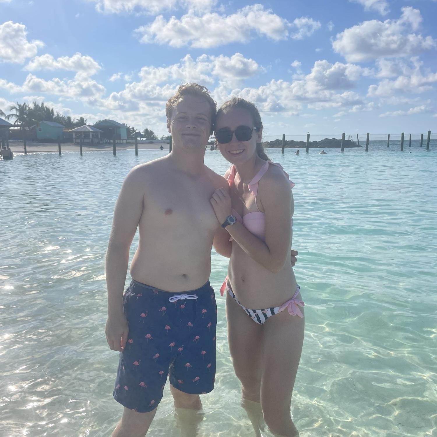Kristen and Sean in the Bahamas on their first cruise. They had matching flamingo bathing suits on!