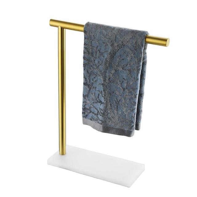 JQK Hand Towel Holder Stand Brushed Gold, Modern Tree Rack Free Standing for Countertop with 12 Inch Bar, 304 Stainless Steel Thicken 0.8mm White Base, HTT170-WG