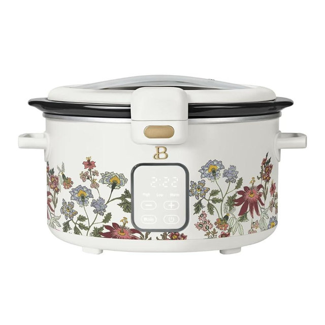 4 Quart Programmable Slow Cooker with Hinged Locking Lid, Digital Touch Controls, Removable Ceramic Nonstick Pot, Compact Crock Pot for Small Family Meals and Meal Prep (Wildflower White)