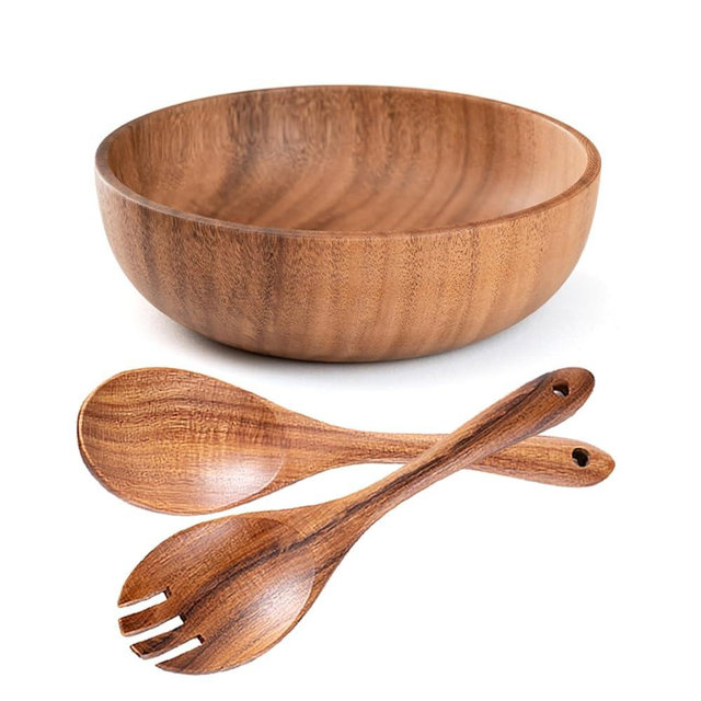 YXE Wooden Salad Bowl Set, 9.45 inch*2.75 inch Acacia Wood Large Salad Serving Bowl with Salad Spoon and fork for Mixing Fruits Cereal Pasta Salad,Pasta-(3 Piece Large Salad Bowl Set) (1, 9.45in)