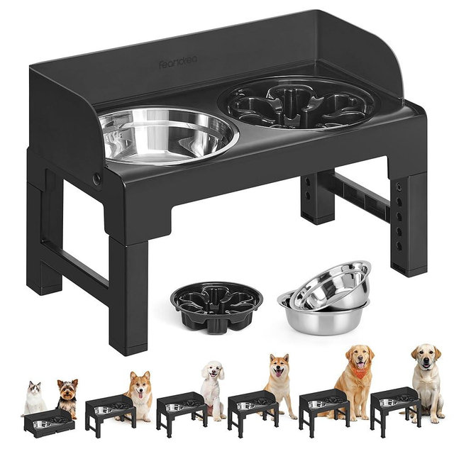 Feandrea Dog Bowls Elevated, Raised Stand with 1 Slow Feeder and Two 304 Stainless Steel Bowls, Adjustable Height and Tilted Design, Ink Black UPRB103B01