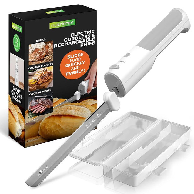 NutriChef Cordless Electric Knife | Easy to Use Constant ON/OFF Safety Function Button | Carve Turkey, Meats, Poultry, Bread, Cheese & More | Lightweight with Contoured Grip Handle (White & Grey)