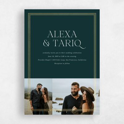 Green Bordered Wedding Invitation - Teagan Multiphoto Foil