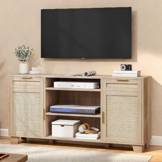 YITAHOME Rattan TV Stand for up to 65 Inch TVs, Boho Entertainment Center with Storage, TV Media Console with Drawers, Adjustable Shelves for Living Room (Natural Oak)