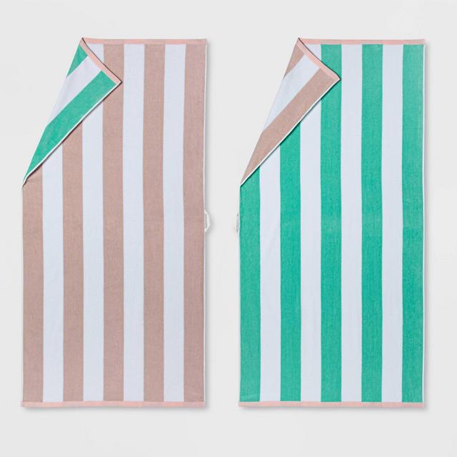 2pk Reversible Striped Beach Towel Set Mint/Pink - Sun Squad™