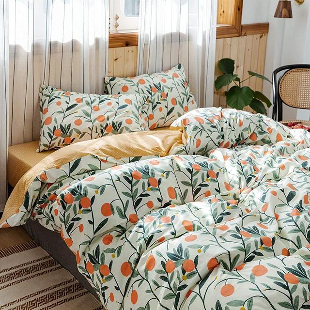 HoneiLife Duvet Cover Queen Size - 100% Cotton Comforter Cover Floral Duvet Cover Sets, Orange Duvet Cover with Zipper Closure & Corner Ties, 3pcs Breathable Comforter Cover Sets-Fruit