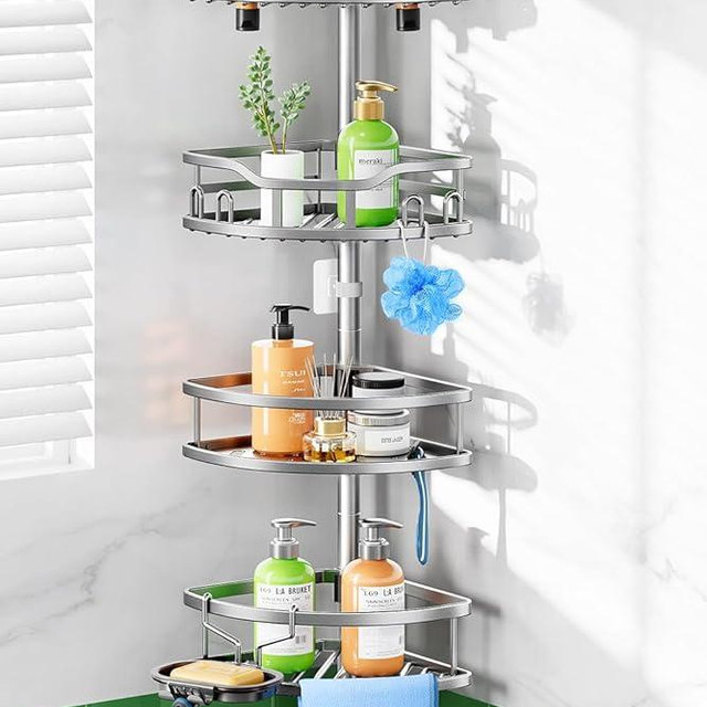 HAMITOR Shower Caddy Tension Pole: Rustproof Quick Install Corner Bathroom Organizer Shelf on Floor for Renters - 4-Tier Large Capacity Storage Rack with Soap Holder for Apartment -47-121 Inch/Silver