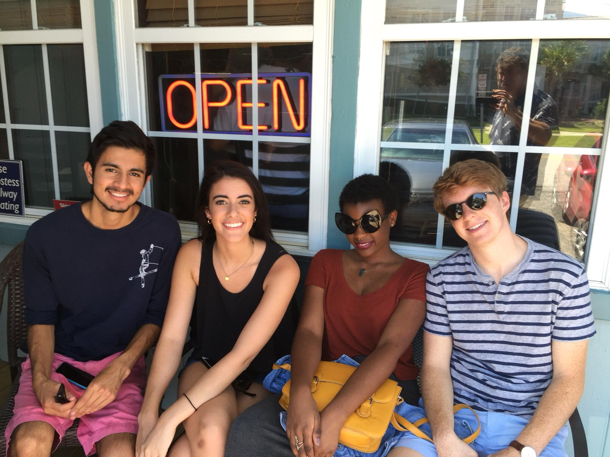 September 2015 - Andrew, Aliyah, and the two of us, having breakfast with my Dad on our first trip to Charleston together as roommates